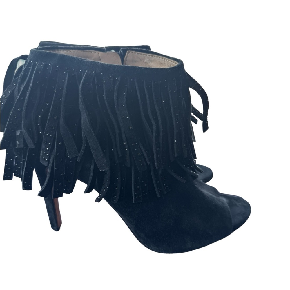 Ma-Raimi bcbg Black suede open toe fringe bootie size 9